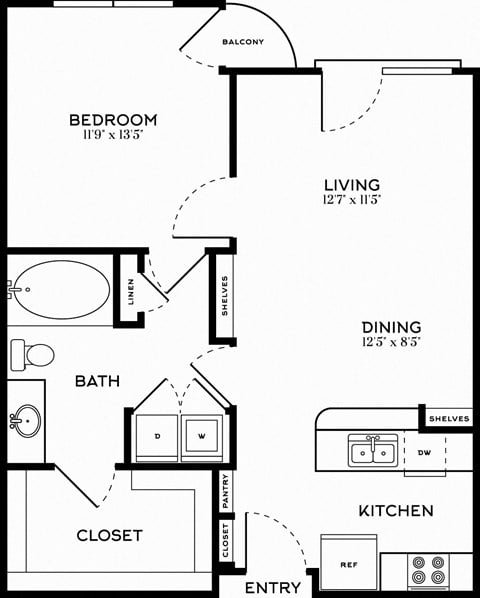 Floor plan for 1 bed, 1 bath, 772 sqft
